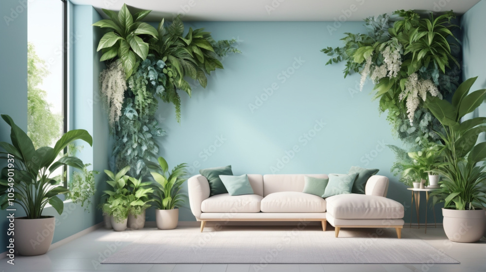 A refined living room featuring light blue pastel hues, accented by tall green plants in elegant vases. Soft lighting and chic furniture create a tranquil ambiance. A refined living room featuring light blue pastel hues, accented by tall green plants in elegant vases. Soft lighting and chic furniture create a tranquil ambiance.