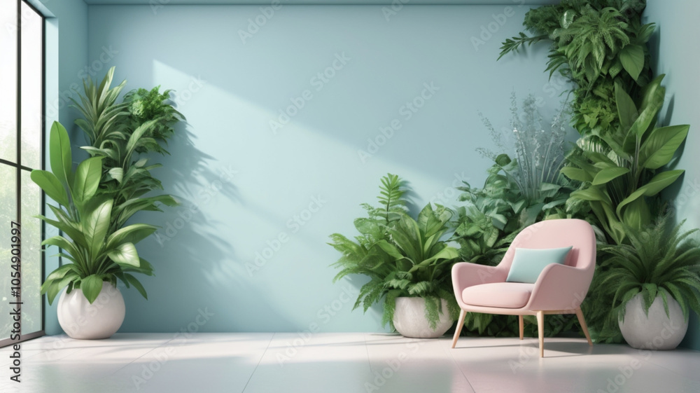Sleek pastel blue walls paired with geometric green plant displays. A contemporary sofa and minimalist decor create an airy, stylish space. Sleek pastel blue walls paired with geometric green plant displays. A contemporary sofa and minimalist decor create an airy, stylish space.