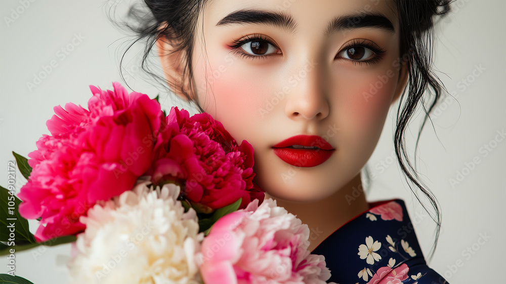芍薬と着物姿の女性 芍薬と着物姿の女性