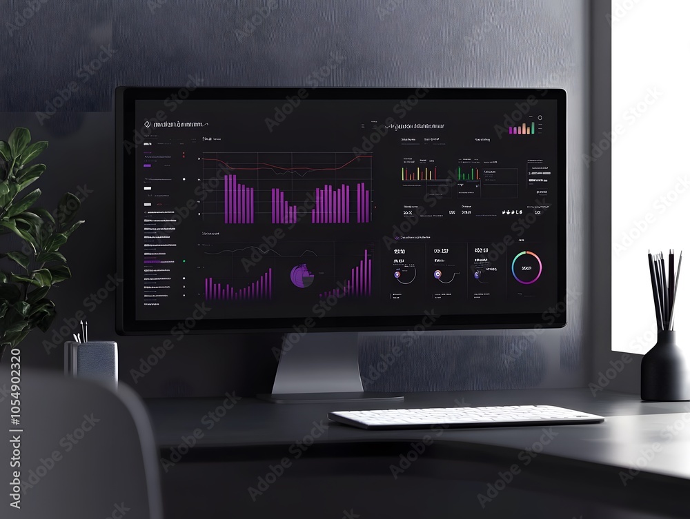 Modern workspace featuring a sleek monitor displaying data analytics with vibrant purple graphs and a minimalistic design.