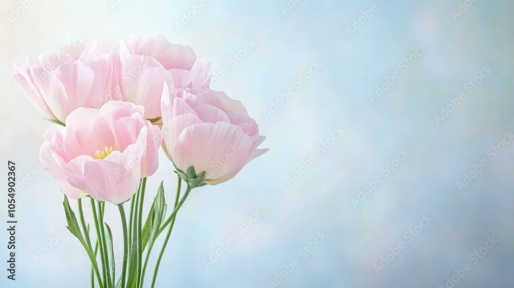 Fototapeta premium Vibrant pink tulips in bloom against a serene blue backdrop, captivating floral display