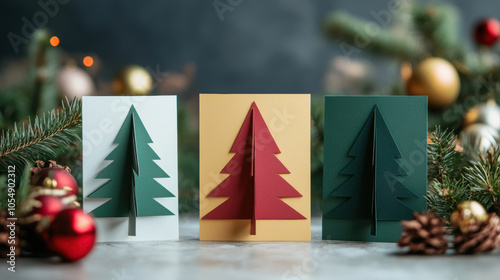 Three minimalist Christmas greeting cards with paper Christmas trees in green, red and gold