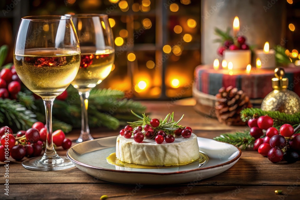 Festive Table Setting with White Wine, Baked Brie, and Cranberry Topping in Architectural Style for Holiday Celebrations Festive Table Setting with White Wine, Baked Brie, and Cranberry Topping in Architectural Style for Holiday Celebrations