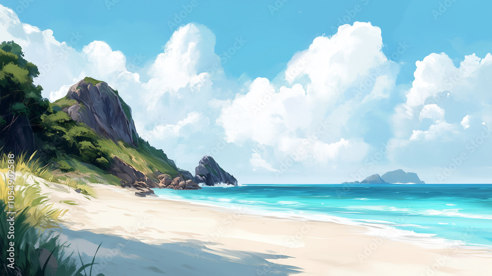 Fototapeta premium Serene Beach Landscape with Clear Blue Sea and Sky