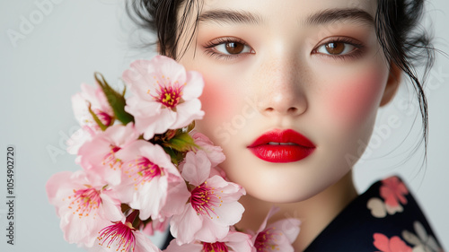 桜と着物姿の女性