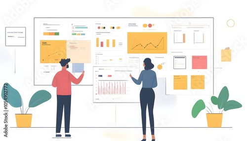 Two professionals analyzing data on a large screen, showcasing charts and graphs in a modern office environment.