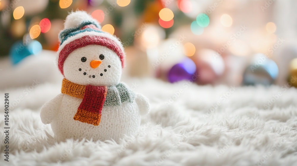 Cute Snowman Ornament on Faux Fur with Bokeh Lights Cute Snowman Ornament on Faux Fur with Bokeh Lights