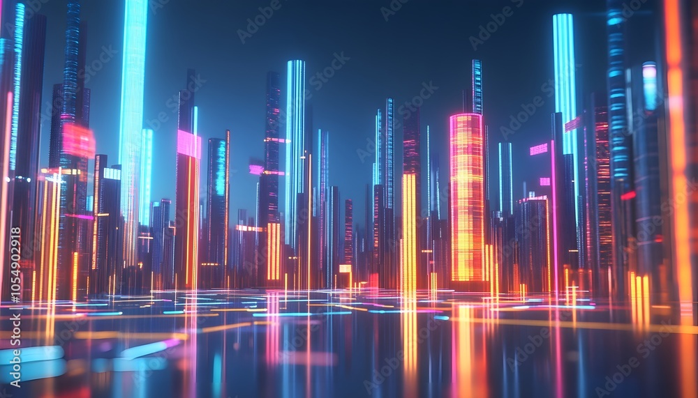 Vibrant digital cityscape with glowing neon skyscrapers reflecting on a serene water surface, evoking a futuristic atmosphere. Vibrant digital cityscape with glowing neon skyscrapers reflecting on a serene water surface, evoking a futuristic atmosphere.
