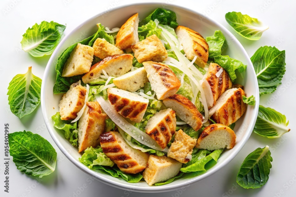 Fresh Caesar Salad with Grilled Chicken and Parmesan - Top View Culinary Delight on White Background Fresh Caesar Salad with Grilled Chicken and Parmesan - Top View Culinary Delight on White Background