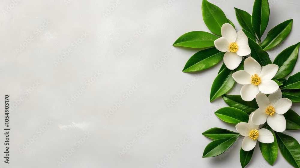 Fototapeta premium Closeup of a single white flower with lush green leaves on serene gray background