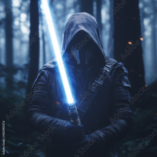 hooded figure wielding blue lightsaber in mysterious forest, radiating power and intensity