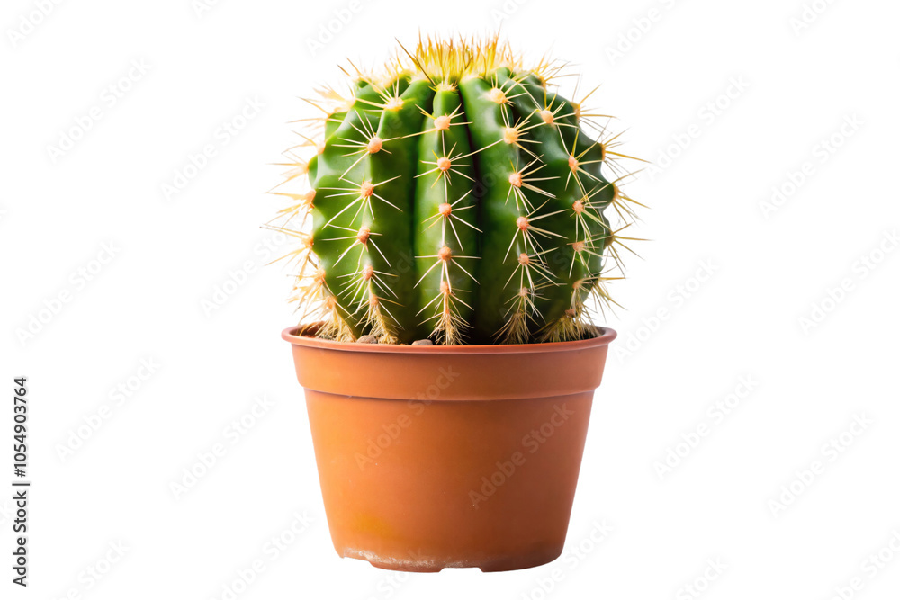 A green cactus with yellow spines sits in a simple terracotta pot, its spiky texture contrasting against the smooth, earthy base, set against a transparent background A green cactus with yellow spines sits in a simple terracotta pot, its spiky texture contrasting against the smooth, earthy base, set against a transparent background