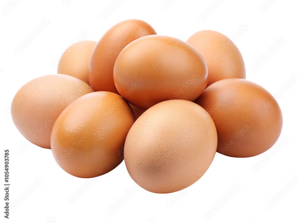 A group of brown eggs, slightly differently arranged, with smooth shells in various shades of light and dark browns, symbolizing simplicity and nature's bounty, set against a transparent background A group of brown eggs, slightly differently arranged, with smooth shells in various shades of light and dark browns, symbolizing simplicity and nature's bounty, set against a transparent background