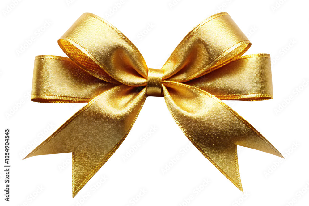 A shiny, gold ribbon neatly tied into a bow with symmetrical loops and tails, giving it a festive and luxurious appearance, set against a transparent background A shiny, gold ribbon neatly tied into a bow with symmetrical loops and tails, giving it a festive and luxurious appearance, set against a transparent background