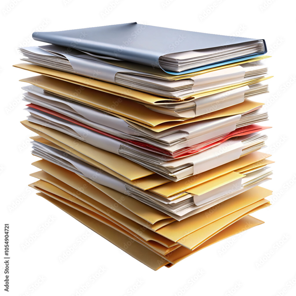 A tall stack of files, meticulously arranged in pastel-colored folders, set against a transparent background. They exude the essence of an office filled with important work A tall stack of files, meticulously arranged in pastel-colored folders, set against a transparent background. They exude the essence of an office filled with important work