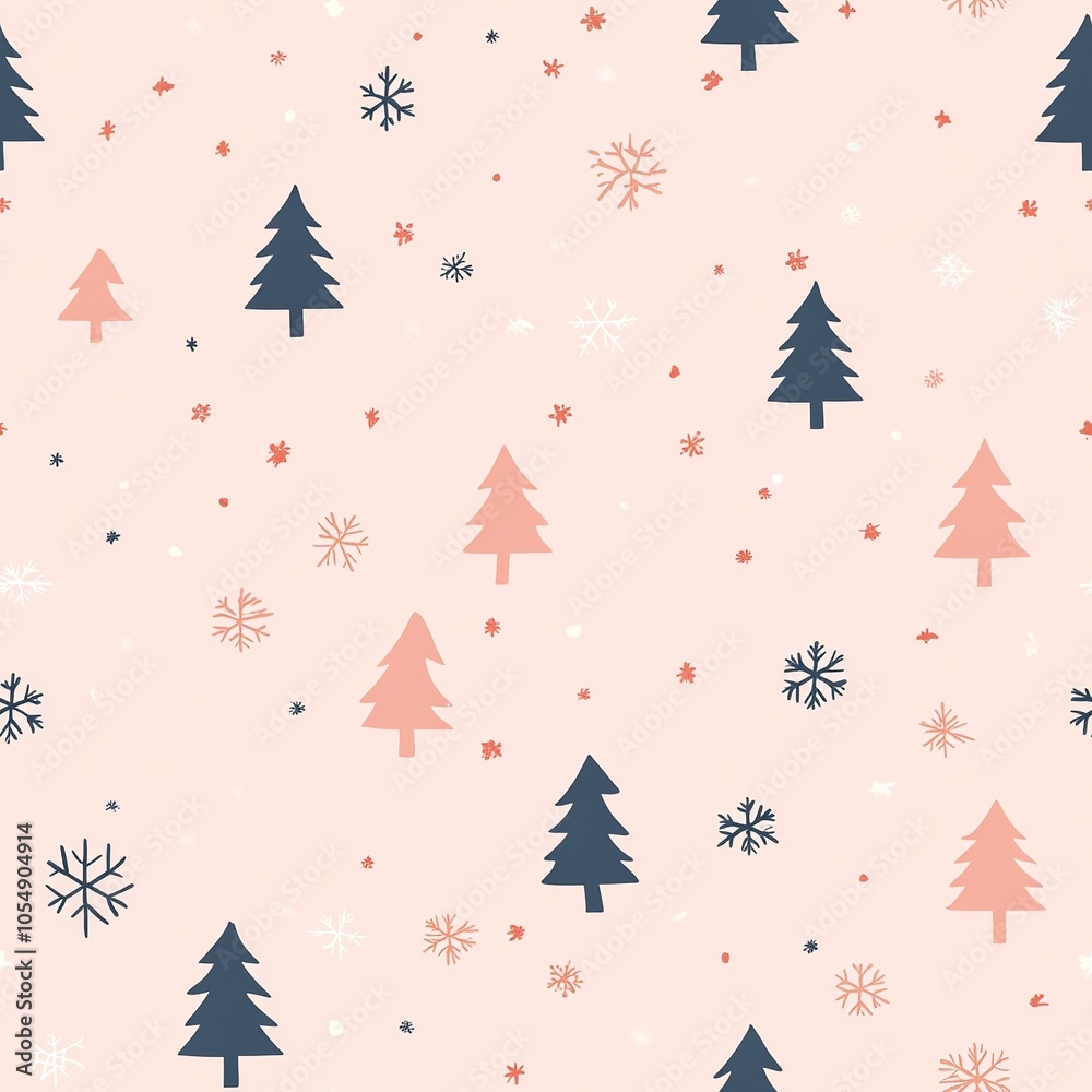 Seamless Christmas Pattern with Pink and Blue Trees and Snowflakes on Pink Background Seamless Christmas Pattern with Pink and Blue Trees and Snowflakes on Pink Background