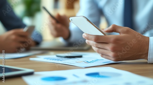 Business professionals using smartphones and analyzing financial documents at a meeting. Focus on mobile technology and teamwork.