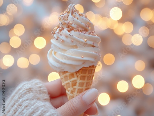 Woman holding delicious soft serve ice cream with golden sprinkles on christmas market photo