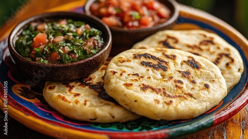 Pupusas and curtido served with tomato salsa on colorful plate