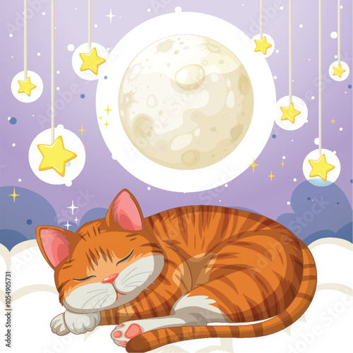 Sleeping Cat Under the Moonlit Sky