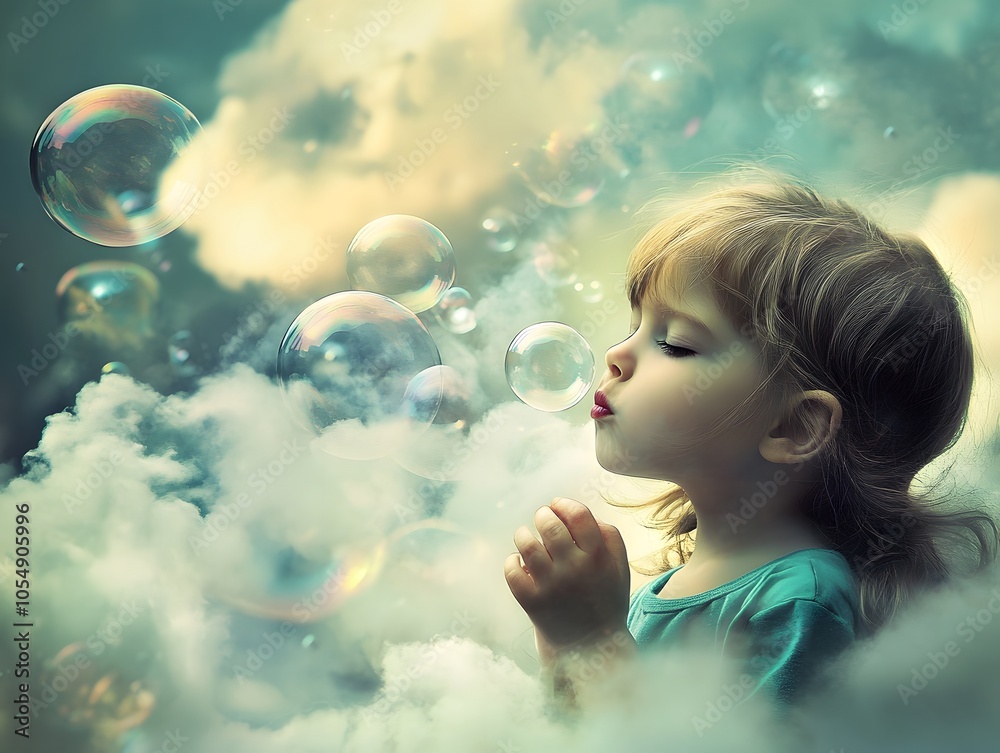 A dreamy scene of a child blowing bubbles in a soft, cloud-filled atmosphere evokes wonder and joy. A dreamy scene of a child blowing bubbles in a soft, cloud-filled atmosphere evokes wonder and joy.