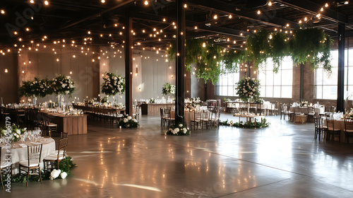 Elegant wedding setup in spacious warehouse loft with beautiful decor