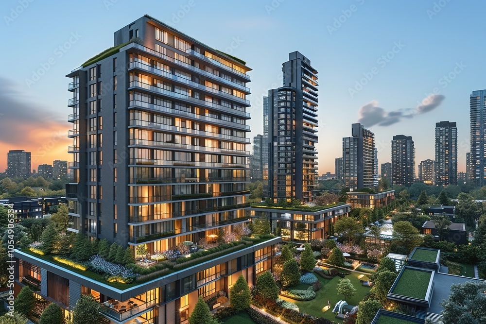 Naklejka premium Modern residential buildings with landscaped gardens during sunset.