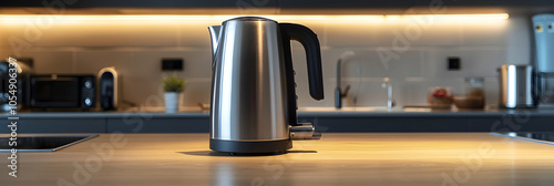 Modern Stainless Steel Electric Kettle on Kitchen Countertop - Sleek Design and Functionality photo