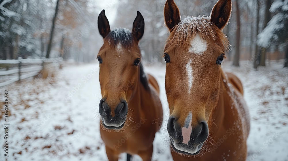 Two chestnut horses enjoying winter wonderland in snowy forest road Two chestnut horses enjoying winter wonderland in snowy forest road