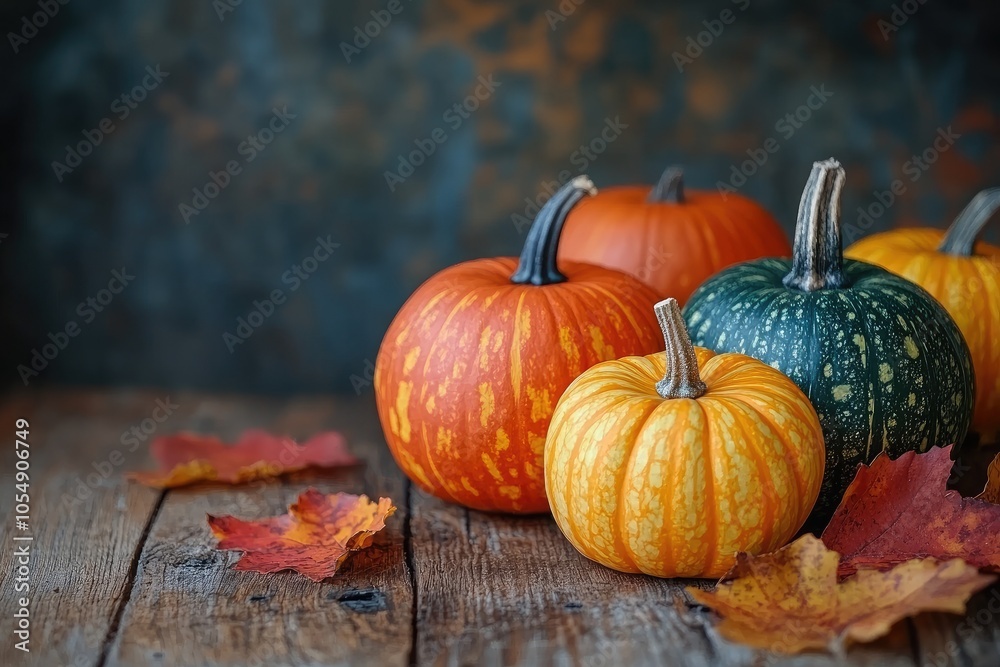 Colorful pumpkins and autumn leaves resting on rustic wooden table Colorful pumpkins and autumn leaves resting on rustic wooden table