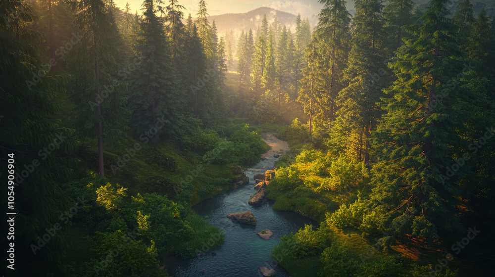 Sweeping aerial view of a deep forest clearing enveloped by towering ...