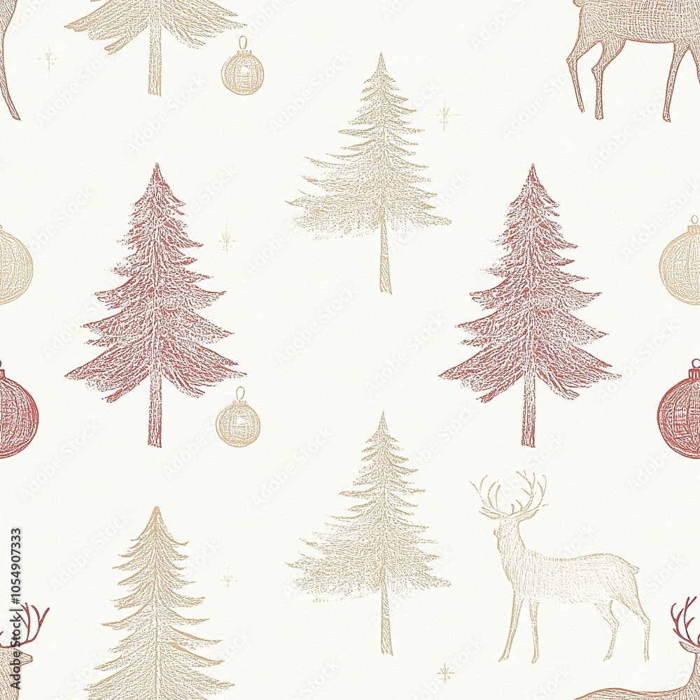 A simple, elegant Christmas pattern featuring reindeer, Christmas trees, and baubles, all drawn with fine lines in muted pastel tones