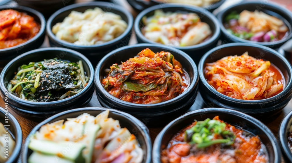 Traditional Kimchi and Side Dishes on Wooden Table Traditional Kimchi and Side Dishes on Wooden Table
