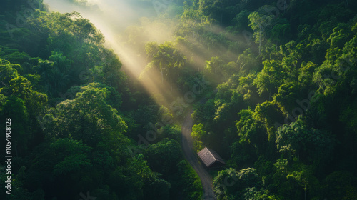 Bird-eye view of a thick forest showcasing a narrow path leading to a cozy cabin, with dappled sunlight shining through the trees, creating a tranquil and welcoming scene.