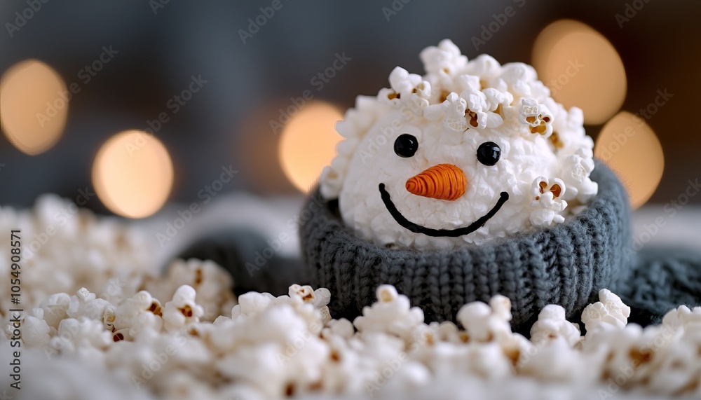 Obraz premium A festive snowman made of popcorn sits cozily in a knitted scarf, surrounded by more popcorn, creating a whimsical winter scene.