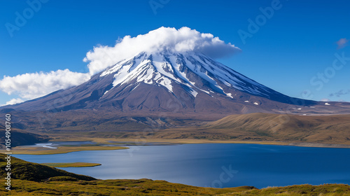 A majestic volcano with a snow-capped peak stands tall against a clear blue sky. Clouds swirl around its summit, creating a dramatic scene