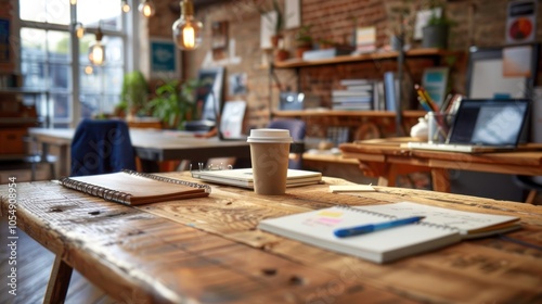 A background featuring a close-up of a business meeting table with notebooks, pens, and a laptop, capturing the essence of a productive workspace.