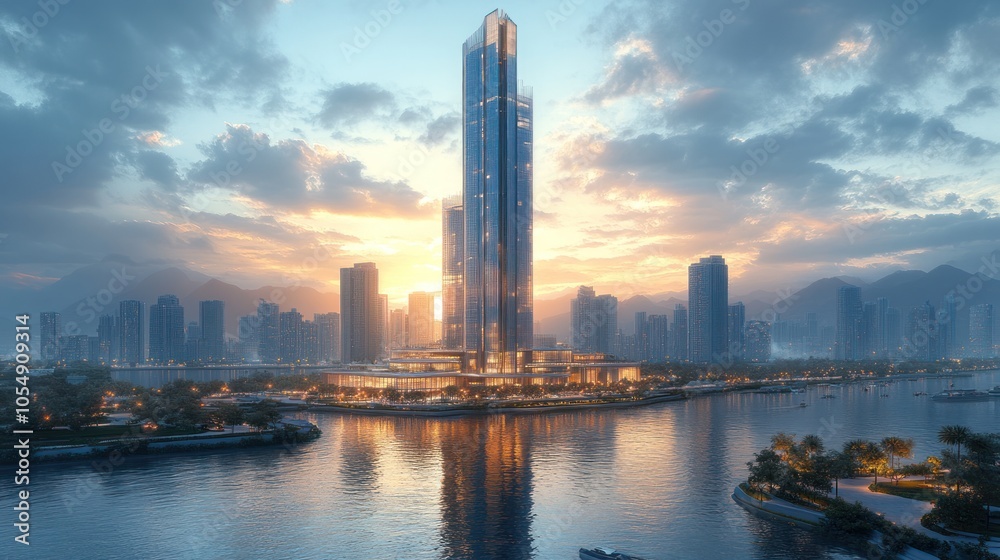 Obraz premium Modern skyscraper reflecting in water at sunset with city backdrop.