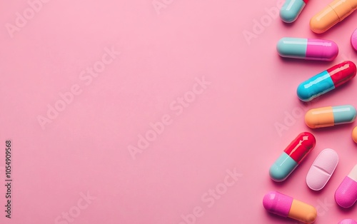 Colorful capsules scattered on a pink background, showcasing a variety of shapes and sizes, ideal for themes related to health and pharmaceuticals.