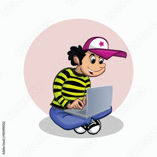 Funny cartoon boy using laptop vector illustration