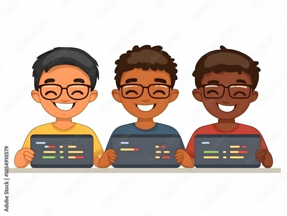 Naklejka premium Flat Software Engineers Skill Building Future Digital Solutions - Candid Shot Tech Workspace Collaboration Real-Time Coding Problem Solving Vector Illustration Smart Business Tone