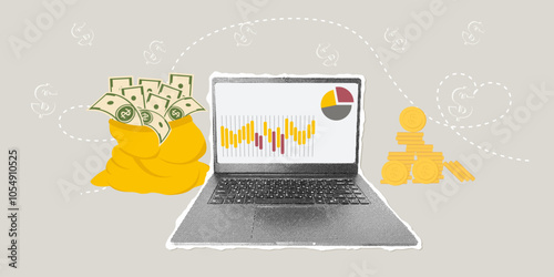 Contemporary halftone collage. Financial market concept, analyze earning , money management, goal, economic growth. Trendy pop art illustration with halftone elements.