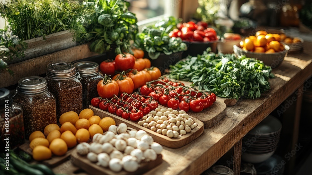 Obraz premium Fresh vegetables and fruits arranged on a rustic wooden table.