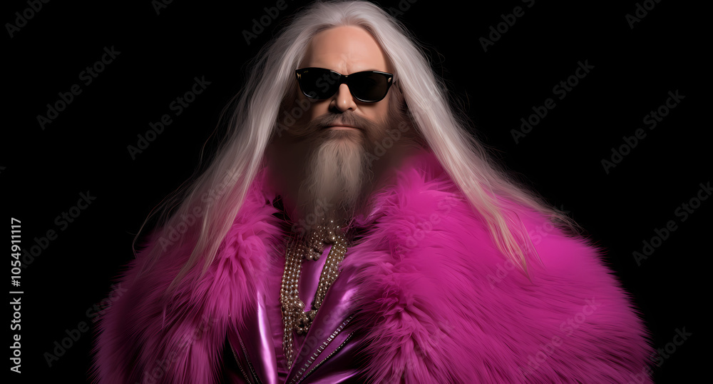 Man wearing a pink fur coat with long white hair Man wearing a pink fur coat with long white hair