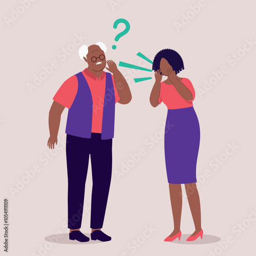 Black Elderly Father With Hand Behind His Ear Trying Hard To Listen What His Adult Daughter Saying. Presbycusis.