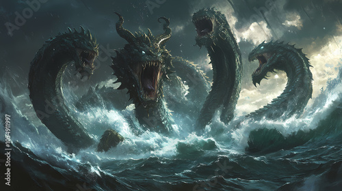 The hydra's thousand harbors a colossal sea monster emerges from the depths. Hydra in Combat. Illustration photo