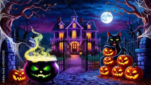 A vibrant and horror Halloween night scene with dark castle, black cat, full moon and pumpkins