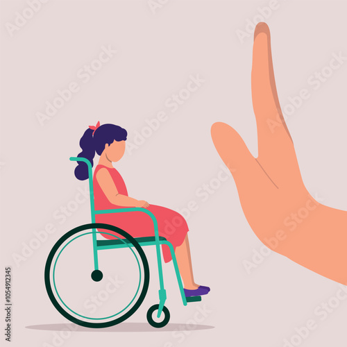 Concept Of Disability Discrimination Of A Little Girl With Wheelchair. A Person’s Hand In Stop Gesture Unwelcome A Little Girl With Wheelchair.