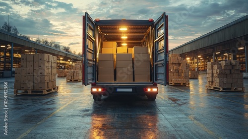 A delivery truck unloads packages at a warehouse during twilight hours, revealing a busy logistics environment surrounded by pallets of boxes photo