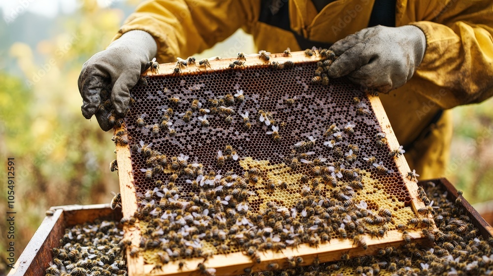 A beekeeper carefully removing a frame from a hive, showing the bees' intricate honeycomb structure. A beekeeper carefully removing a frame from a hive, showing the bees' intricate honeycomb structure.
